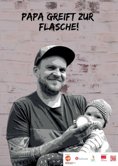 Plakat "Papa greift zur Flasche" im Rahmen der Wanderausstellung "Papa macht das schon"