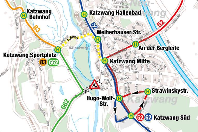 Für die Buslinien 83 der VAG Verkehrs-Aktiengesellschaft und 662 der Stadtwerke Schwabach wird eine temporäre Wendeschleife in der Nähe der neuen Haltestelle „Nürnberg Katzwang Sportplatz“ errichtet. Weitere Details zu den Bussen der VAG sowie der Stadtverkehr Schwabach GmbH sind in den entsprechenden Fahrplanauskünften zu finden.
